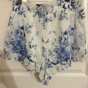 Blue and White Floral Ruffle Shorts with white undershorts and elastic waist